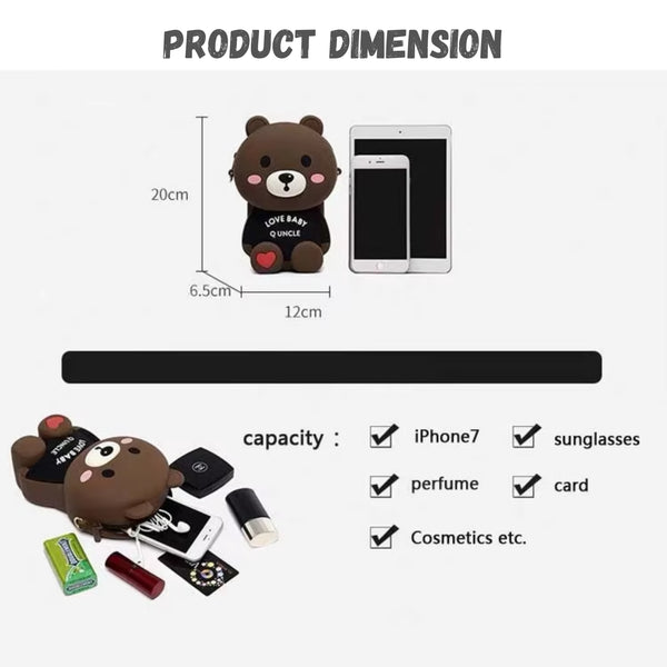 Teddy Bear Cartoon Silicon Sling Bag For Girls And Kids 1 Compartment With Adjustable Shoulder Strap