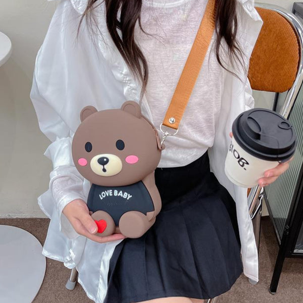 Teddy Bear Cartoon Silicon Sling Bag For Girls And Kids 1 Compartment With Adjustable Shoulder Strap